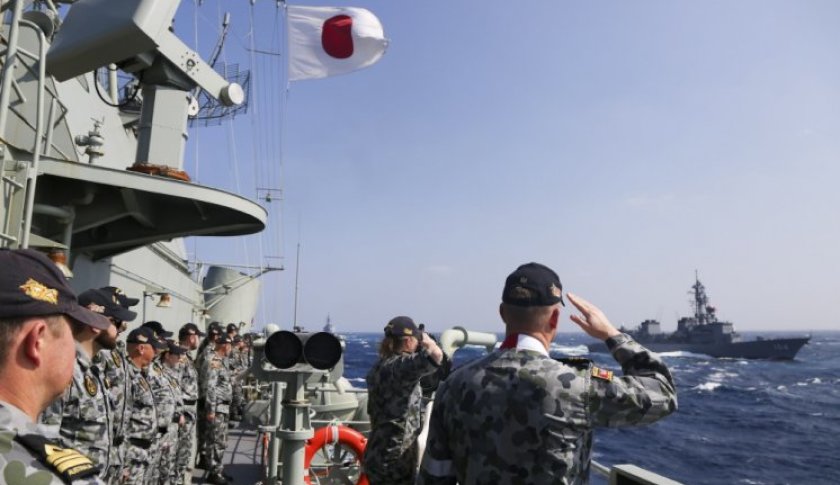 HMAS Stuart cheers ship for JS Kirisame during a Formation Foxtrot before completing Exercise Nichi Gou Trident off the south coast of Japan