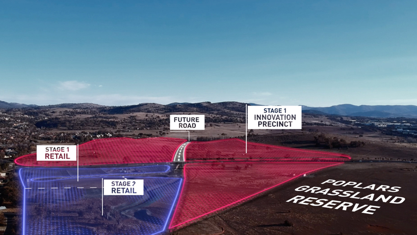 Aerial photo with Jerrabomberra along the left-hand side, with an overlay of the Masterplan map.  Looking from the Retail + Services Precinct in the foreground, with Innovation precinct in the background and the Poplars Grasslands on the right. 